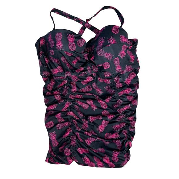 Torrid Black Pink Pineapple Tankini Top Size 3X Ruched Underwire - Picture 2 of 10